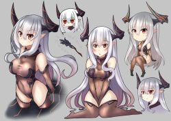 Rule 34 | 10s, 1girl, :&lt;, :o, arms behind back, between legs, black gloves, blush, borrowed character, breasts, brown thighhighs, chestnut mouth, chibi, closed mouth, colo mag-chan, colossus (granblue fantasy), detached sleeves, draph, eyebrows, gloves, granblue fantasy, grey background, hair between eyes, horns, kuronekozero, leotard, long hair, long sleeves, medium breasts, multiple views, open mouth, original, piloting, pointy ears, red eyes, sitting, staff, taut leotard, thighhighs, tsurime, turtleneck, upper body, v arms, white hair