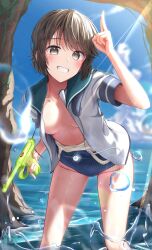 Rule 34 | 1girl, black hair, blue sailor collar, breasts, brown eyes, collarbone, grin, gun, handgun, highres, holding, holding water gun, iwabuchi501, kantai collection, large breasts, looking at viewer, miyuki (kancolle), nambu type 14, open clothes, open shirt, revision, sailor collar, sailor shirt, school swimsuit, shirt, short hair, smile, solo, swimsuit, teeth, water gun, weapon, white shirt