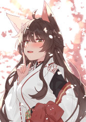Rule 34 | 1girl, absurdres, ahoge, animal ears, blush, breasts, brown hair, butterfly hair ornament, cherry blossom print, choker, commentary request, detached sleeves, floral print, fox ears, fumi (nijisanji), hair between eyes, hair ornament, hakama, hakama skirt, highres, index finger raised, japanese clothes, kimono, lace-trimmed sleeves, lace trim, large breasts, long hair, long sleeves, looking at viewer, miko, nijisanji, obi, obijime, open mouth, red choker, red hakama, red ribbon, ribbon, ribbon choker, sash, sidelocks, skirt, smile, solo, tonarikeru, upper body, virtual youtuber, white kimono, wide sleeves, yellow eyes