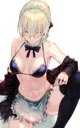 Rule 34 | 1girl, amo (silent bomb19), apron, artoria pendragon (all), artoria pendragon (alter swimsuit rider) (fate), artoria pendragon (alter swimsuit rider) (second ascension) (fate), artoria pendragon (fate), bad id, bad pixiv id, bikini, black bikini, black thighhighs, blonde hair, breasts, closed mouth, commentary, fate/grand order, fate (series), hair between eyes, highres, long sleeves, maid, maid bikini, maid headdress, medium breasts, navel, off shoulder, saber alter, short hair, simple background, sitting, smile, spread legs, swimsuit, thighhighs, unconventional maid, waist apron, white background, yellow eyes