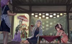 Rule 34 | 6+girls, animal ears, apron, arm support, bat wings, black hair, blue dress, blue hair, board game, chabudai (table), chess, cup, dress, drinking glass, grey hair, hat, highres, holding, holding cup, holding tray, holding umbrella, houraisan kaguya, inaba tewi, indoors, izayoi sakuya, jacket, long hair, maid, maid apron, mob cap, multiple girls, one eye closed, parasol, pink dress, playing chess, purple hair, rabbit ears, rabbit girl, rabbit tail, red dress, reisen udongein inaba, remilia scarlet, seiza, sitting, table, tail, tlobtr, touhou, tray, umbrella, vampire, white jacket, white rabbit (animal), wine glass, wings, yagokoro eirin