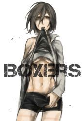 Rule 34 | 1girl, abs, bad id, bad pixiv id, black hair, boxers, clothes lift, female focus, highres, male underwear, mikasa ackerman, mouth hold, muscular, navel, shingeki no kyojin, shirt lift, short hair, shuu-0208, simple background, solo, underwear, white background