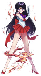 Rule 34 | 1girl, absurdres, back bow, bare legs, bishoujo senshi sailor moon, black hair, blush, bow, bowtie, brooch, choker, circlet, closed mouth, collared shirt, earrings, fire, full body, gloves, heart, heart brooch, high heels, highres, hino rei, holding, jewelry, legs, long hair, looking at viewer, miniskirt, p m ame, pleated skirt, pumps, purple bow, purple bowtie, red bow, red choker, red footwear, red sailor collar, red skirt, sailor collar, sailor collar lift, sailor mars, sailor senshi uniform, sailor shirt, shirt, skirt, sleeveless, sleeveless shirt, smile, solo, standing, star (symbol), star choker, straight hair, very long hair, white background, white gloves, white shirt