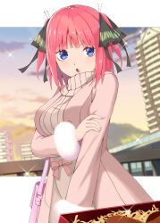 Rule 34 | 1girl, absurdres, alternate costume, bag, black ribbon, blue eyes, blunt bangs, blurry, blurry background, blush, breasts, butterfly hair ornament, casual, coat, commentary request, cowboy shot, eyebrows hidden by hair, eyelashes, fur-trimmed sleeves, fur trim, gift, go-toubun no hanayome, hair ornament, hair ribbon, hand on own arm, handbag, highres, kouta(34765766), large breasts, long sleeves, looking at viewer, medium hair, nail polish, nakano nino, open mouth, outdoors, pink bag, pink coat, pink hair, pink nails, ribbon, sidelocks, solo, sparkle, standing, straight hair, sunset, two side up, v-shaped eyebrows