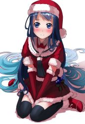 Rule 34 | 10s, 1girl, alternate costume, ao iro, aqua hair, black legwear, blue eyes, blue hair, blush, breasts, elbow gloves, full body, gloves, hat, highres, kantai collection, long hair, looking at viewer, matching hair/eyes, miniskirt, puffy short sleeves, puffy sleeves, red skirt, samidare (kancolle), santa costume, santa hat, short sleeves, simple background, sitting, skirt, small breasts, smile, solo, very long hair, white background