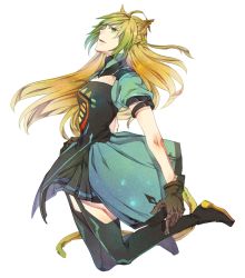 Rule 34 | 1girl, ahoge, animal ears, atalanta (fate), bad id, bad pixiv id, blonde hair, cat ears, cat tail, dyed bangs, fate/apocrypha, fate (series), full body, garter straps, gloves, gradient hair, green eyes, green hair, heru (goldprin), long hair, matching hair/eyes, multicolored hair, solo, tail, thighhighs, transparent background, two-tone hair