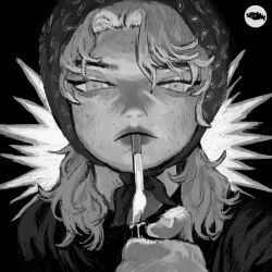 Rule 34 | 1girl, cigarette, expressionless, greyscale, headscarf, highres, lighter, lips, looking at viewer, mettaflix, monochrome, original, solo, twintails, upper body