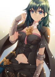 Rule 34 | 1girl, absurdres, armor, black armor, black cape, black shirt, black shorts, blouse, blue eyes, blue hair, breasts, brown pantyhose, byleth (female) (fire emblem), byleth (fire emblem), cape, cleavage, cleavage cutout, clothing cutout, commentary request, cowboy shot, dagger, emblem, fire emblem, fire emblem: three houses, hair between eyes, hand up, highres, knife, kuzukiri (riezenagel), lace, lace-trimmed legwear, lace trim, leggings under shorts, long hair, looking at viewer, medium breasts, navel, navel cutout, nintendo, pantyhose, patterned clothing, print pantyhose, sheath, sheathed, shirt, short shorts, short sleeves, shorts, sidelocks, smile, solo, standing, vambraces, weapon