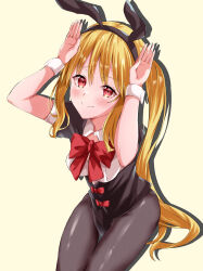 Rule 34 | 1girl, absurdres, animal ears, black vest, blonde hair, blush, bocchi the rock!, bow, bowtie, brown pantyhose, closed mouth, fake animal ears, hands up, highres, ijichi nijika, invisible chair, kikugawa roku, leotard, long hair, looking at viewer, panties, pantyhose, playboy bunny, rabbit ears, red bow, red bowtie, red eyes, shirt, simple background, sitting, solo, underwear, vest, white background, white panties, white shirt, white wrist cuffs, wrist cuffs