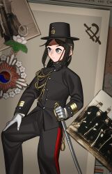 Rule 34 | 1girl, absurdres, black eyes, black hair, black headwear, black pants, black shirt, buttons, drawing (object), flower, gloves, hearts of iron, highres, holding, holding sword, holding weapon, kaiserreich, korea, medal, medium hair, military, pants, pzkpfwi, sheath, sheathed, shirt, star (symbol), sword, weapon, white flower, white gloves, yin yang