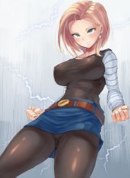 Rule 34 | 1girl, android 18, belt, blonde hair, blue eyes, blush, breasts, clenched hand, clenched hands, covered navel, denim, denim skirt, dragon ball, dragonball z, earrings, electricity, female focus, jewelry, kazo (kazozakazo), large breasts, lightning, pantyhose, parted lips, pencil skirt, short hair, skirt, smile, solo, upskirt