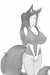Rule 34 | 1girl, animal ear fluff, animal ears, breasts, collarbone, commentary, cowboy shot, english commentary, fox ears, fox tail, greyscale, huge breasts, impossible clothes, long hair, looking at viewer, mature female, monochrome, original, pants, ponytail, simple background, smile, solo, swept bangs, tail, tank top, twrlare, v arms, white background