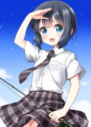 1girl :d arm_up black_hair blue_eyes blue_sky blush brown_necktie brown_skirt collared_shirt commentary_request cowboy_shot fishing_rod highres holding holding_fishing_rod looking_at_viewer minagi_hiyori necktie open_mouth plaid_clothes plaid_skirt pleated_skirt ruu_(tksymkw) shirt short_hair short_sleeves skirt sky slow_loop smile solo white_shirt