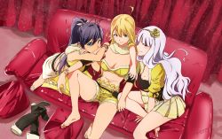 Rule 34 | 3girls, absurdres, ahoge, akane (getwild23), antenna hair, barefoot, beyond the nobles, beyond the vibes, beyond the wishes, black hair, blonde hair, bracelet, couch, feet, ganaha hibiki, girl sandwich, hairband, highres, hoshii miki, idolmaster, idolmaster (classic), jewelry, long hair, looking at viewer, multiple girls, navel, ponytail, sandwiched, shijou takane, shorts, silver hair, sitting, skirt, smile, soles, spread legs, toes