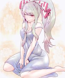 Rule 34 | 1girl, alternate costume, alternate hairstyle, bad id, bad pixiv id, barefoot, blue dress, blush, bow, breasts, cleavage, dress, female focus, fujiwara no mokou, hair bow, high ponytail, long hair, nightgown, off shoulder, one eye closed, ponytail, red eyes, revision, silver hair, sitting, solo, somsom, strap slip, touhou, v arms, wariza, wink