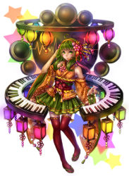 Rule 34 | 1girl, ahoge, bare shoulders, daphne zhang, detached sleeves, floral print, flower, full body, green eyes, green hair, gumi, hair flower, hair ornament, headphones, highres, instrument, keyboard (instrument), lantern, nail polish, pleated skirt, red thighhighs, sash, skirt, solo, thighhighs, vocaloid, wide sleeves, zettai ryouiki
