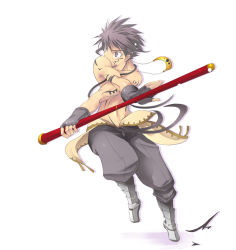 Rule 34 | 1boy, armor, black eyes, black hair, bokken, covered mouth, fingerless gloves, gloves, greaves, male focus, pants, pole, satomi (black scarecrow), topless male, solo, spiked hair, staff, sword, tattoo, weapon, white background, wooden sword