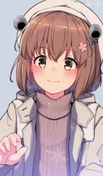 Rule 34 | 1girl, blush, brown eyes, brown hair, brown sweater, closed mouth, coat, flower, hair between eyes, hair flower, hair ornament, hat, highres, kantai collection, long sleeves, ludens (inonaka koubou), open clothes, open coat, pink flower, short hair, smile, solo, sweater, upper body, white coat, white hat, yukikaze (kancolle)
