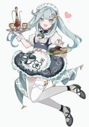 Rule 34 | 1girl, apron, aqua hair, black footwear, chaena (exmd3552), collar, dress, faruzan (cafe) (genshin impact), faruzan (genshin impact), frilled apron, frilled collar, frilled dress, frills, full body, genshin impact, green eyes, hair ornament, heart, highres, holding, holding plate, long hair, looking at viewer, maid, maid apron, maid headdress, official alternate costume, open mouth, plate, shoes, short sleeves, simple background, smile, thighhighs, triangle-shaped pupils, twintails, white apron, white background, white thighhighs, x hair ornament, zettai ryouiki