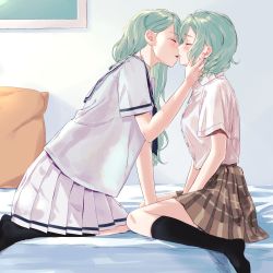 Rule 34 | 2girls, absurdres, aqua hair, bang dream!, black socks, blue neckerchief, blush, bow, brown skirt, closed eyes, commentary request, hair bow, hand on another&#039;s face, hands on lap, highres, hikawa hina, hikawa sayo, imminent kiss, incest, indoors, kneehighs, kneeling, korean commentary, leaning forward, multiple girls, neckerchief, on bed, parted lips, pillow, plaid, plaid skirt, pleated skirt, purple shirt, purple skirt, school uniform, serafuku, shirt, shirt tucked in, short braid, short hair, short sleeves, siblings, sisters, sitting, skirt, socks, twincest, twins, wariza, white shirt, yellow bow, yuri, zihacheol