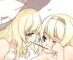 Rule 34 | 2girls, alice margatroid, bare shoulders, blonde hair, blue eyes, blush, camisole, clothed female nude female, eye contact, female focus, food, hairband, hat, kirisame marisa, long hair, looking at another, multiple girls, nude, one eye closed, pocky, pocky kiss, sakuraba yuuki, shared food, short hair, touhou, wink, witch, witch hat, yellow eyes, yuri