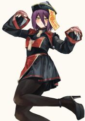 Rule 34 | 1girl, black leggings, chainsaw man, deyo (nicijyou), green eyes, hair between eyes, hat, highres, jiangshi costume, leg up, leggings, looking at viewer, ofuda, outstretched arms, purple hair, qingdai guanmao, reze (chainsaw man), short hair, simple background, solo, standing, standing on one leg, white background, zombie pose