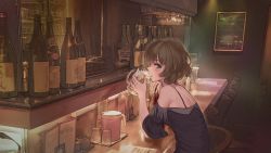 Rule 34 | 10s, 1girl, alcohol, bar (place), bare shoulders, beer, beer mug, blue eyes, bottle, brown hair, chair, counter, cup, dress, drinking, drinking glass, elbows on table, from side, holding, holding cup, holding drinking glass, idolmaster, idolmaster cinderella girls, indoors, looking at viewer, looking back, menu, mole, mole under eye, mug, off-shoulder dress, off shoulder, pitcher (container), profile, revision, roki (0214278), short hair, short sleeves, sitting, solo, takagaki kaede, teapot, wine bottle