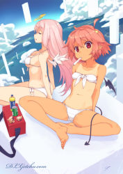 Rule 34 | 2girls, ahoge, angel, angel and devil, bad id, bad pixiv id, bandeau, barefoot, bikini, bottle, breasts, can, closed eyes, cloud, day, demon girl, demon tail, demon wings, drink can, feet, flat chest, food, front-tie top, halo, horns, large breasts, long hair, looking at viewer, mouth hold, multiple girls, navel, original, pink hair, pointy ears, popsicle, red eyes, red hair, short hair, side-tie bikini bottom, sitting, sky, soda can, strap gap, sumaki shungo, swimsuit, tail, tan, tanline, toes, white bikini, wings