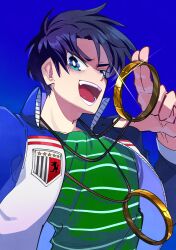 Rule 34 | 1boy, absurdres, black hair, blue background, blue eyes, blue jacket, bright pupils, commentary request, glint, green shirt, highres, inudori, jacket, jewelry, letterman jacket, looking at viewer, male focus, medium bangs, necklace, open clothes, open jacket, open mouth, ring, ring necklace, shirt, short hair, simple background, smile, solo, striped clothes, striped shirt, teeth, tobaku haouden zero, ukai zero, upper body, white pupils