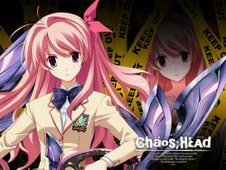 Rule 34 | 00s, 1girl, antenna hair, bow, caution tape, chaos;head, female focus, hair ribbon, keep out, long hair, one side up, pink eyes, pink hair, pink theme, plaid, purple eyes, ribbon, sakihata rimi, school uniform, solo, sword, weapon, zoom layer