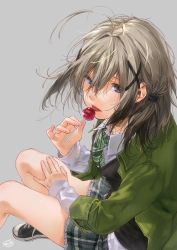 Rule 34 | 1girl, ahoge, artist name, bad id, bad twitter id, black sweater, blue eyes, breasts, candy, collared shirt, converse, dress shirt, expressionless, food, frilled skirt, frills, from side, green jacket, green necktie, grey background, grey hair, hair between eyes, hair ornament, hair tie, highres, jacket, kamiyama aya, licking, lollipop, looking at viewer, medium breasts, messy hair, mhlia blanco, necktie, pleated skirt, re:lief ~shin&#039;ai naru anata e~, school uniform, shirt, shoes, signature, simple background, sitting, skirt, sneakers, solo, striped necktie, striped neckwear, sweater, sweater vest, thighs, white shirt, x hair ornament