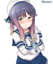 Rule 34 | 1girl, absurdres, beret, blue neckerchief, blue skirt, blush, closed mouth, commentary request, gloves, gradient hair, hands up, hat, highres, kantai collection, kiritto, layered sleeves, long hair, long sleeves, looking at viewer, multicolored hair, neckerchief, nose blush, one-hour drawing challenge, orange hair, pleated skirt, ponytail, puffy short sleeves, puffy sleeves, purple hair, school uniform, serafuku, shirt, short over long sleeves, short sleeves, simple background, skirt, solo, tsushima (kancolle), twitter username, white background, white gloves, white hat, white shirt, yellow eyes