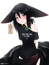Rule 34 | 1girl, :&lt;, altenasoul, animal ear fluff, animal ear piercing, animal ears, arms behind back, black hair, black shirt, blush, clothes writing, commentary, emoticon, english commentary, english text, fox, fox ears, highres, jewelry, large ears, long hair, looking at viewer, multiple tails, necklace, off-shoulder shirt, off shoulder, ofuda, original, red eyes, shirt, simple background, solo, t-shirt, tail, tail censor, wavy mouth, white background
