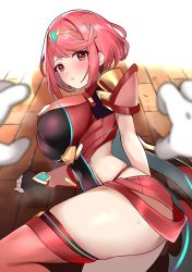 Rule 34 | 1girl, absurdres, black gloves, bob cut, breasts, chest jewel, earrings, enishi96, fingerless gloves, gloves, highres, jewelry, large breasts, pyra (xenoblade), red eyes, red hair, red shorts, red thighhighs, short hair, short shorts, shorts, swept bangs, thighhighs, tiara, xenoblade chronicles (series), xenoblade chronicles 2
