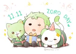 Rule 34 | 1boy, :3, animalization, box, cat boy, chibi, chibi only, creature, dated, gift, gift box, green fur, green hair, male focus, mob0322, one piece, roronoa zoro, scar, scar across eye, short hair, sitting, solid circle eyes, whiskers