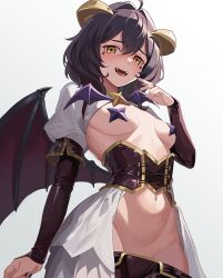 Rule 34 | 1girl, absurdres, black hair, blush, breastless clothes, breasts, commentary, corset, cross, cross-shaped pupils, cross facial mark, cross pasties, demon wings, facial mark, fangs, fingerless gloves, fold-over gloves, forward facing horns, gloves, highres, hiiragi utena, horns, low wings, lowleg, lowleg pants, magia baiser, mahou shoujo ni akogarete, navel, open mouth, pants, pasties, purple corset, purple pants, purple pasties, saliva, showgirl skirt, shrug (clothing), simple background, small breasts, solo, symbol-shaped pupils, tomo 527, white background, white shrug, wings, yellow eyes, yellow horns