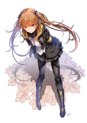 Rule 34 | 1girl, :3, black footwear, black jacket, black pantyhose, black skirt, boots, brown eyes, brown hair, closed mouth, floral background, full body, girls&#039; frontline, highres, jacket, knee boots, leaning forward, long hair, looking at viewer, pantyhose, satoimo (3311 mi), shirt, simple background, skirt, smile, solo, standing, twintails, ump9 (girls&#039; frontline), white background, white shirt