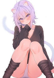 Rule 34 | 1girl, :3, ahoge, alternate costume, animal ear fluff, animal ears, arm support, black shirt, black socks, blush, breasts, cat ears, cat girl, cat tail, cleavage, closed mouth, collarbone, commentary, feet out of frame, hair between eyes, hand on own chin, highres, hololive, knees together feet apart, knees up, large breasts, light smile, long sleeves, looking at viewer, loose socks, medium hair, nekomata okayu, panties, purple eyes, purple hair, shirt, simple background, sitting, sleeves past wrists, socks, solo, symbol-only commentary, tail, underwear, v-neck, virtual youtuber, white background, white panties, yamazakura118