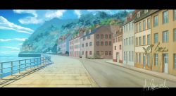 Rule 34 | absurdres, bad id, bad pixiv id, blue sky, building, city, cityscape, cloud, cloudy sky, commentary request, day, door, fence, hakuurei amano, highres, letterboxed, mountain, no humans, ocean, original, outdoors, road, scenery, shadow, sidewalk, sky, street, water, watermark, window