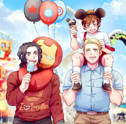 Rule 34 | 3boys, aged down, amusement park, animal ears, animification, balloon, belt, black hair, blonde hair, blue eyes, blue shirt, blue sky, blurry, blurry background, blush, brown belt, brown eyes, brown footwear, brown hair, brown pants, buttons, carrying, character doll, character print, child, clothes writing, cloud, cloudy sky, collared shirt, day, doll, fake animal ears, ferris wheel, fingernails, food, hand up, hands up, heart, heart print, highres, holding, holding food, holding ice cream, ice cream, iron man, james buchanan barnes, long sleeves, looking at another, looking down, looking up, male focus, marvel, marvel cinematic universe, mickey mouse ears, mouse ears, multiple boys, open mouth, outdoors, pants, plaid, plaid shirt, pocket, prosthesis, prosthetic arm, red shirt, red shorts, shirt, shoes, short hair, shorts, shoulder carry, sitting, sky, smile, socks, standing, star (symbol), star print, steve rogers, suspender shorts, suspenders, t-shirt, teeth, tongue, tony stark, white shirt, white socks, wodeyongheng