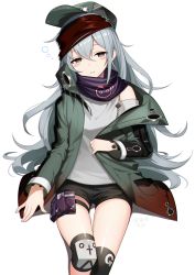 Rule 34 | 1girl, black shorts, blush, blush stickers, brown eyes, clothes grab, clothing cutout, coat, g11 (girls&#039; frontline), girls&#039; frontline, grey shirt, hair between eyes, half-closed eyes, hat, head tilt, highres, jacket, kinsenka momi, knee pads, long hair, looking at viewer, messy hair, open clothes, open coat, parted lips, pouch, scarf, scarf on head, shirt, short shorts, shorts, shoulder cutout, sidelocks, signature, silver hair, simple background, single knee pad, single thighhigh, sitting, sleepy, solo, thigh strap, thighhighs, thighs, very long hair, white background