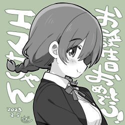 Rule 34 | 1girl, birthday, braid, breasts, chibi, commentary, dated, emma verde, freckles, from side, green background, greyscale with colored background, looking at viewer, love live!, love live! nijigasaki high school idol club, lowres, medium breasts, mezashi (mezamashi set), nijigasaki school uniform, school uniform, signature, smile, solo, translation request, twin braids, upper body