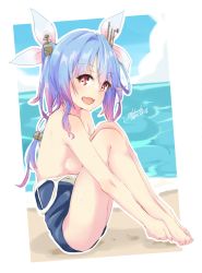 Rule 34 | 1girl, :d, alakoala, artist name, barefoot, beach, blush, breasts, collarbone, dated, day, fang, hair ribbon, highres, i-19 (kancolle), kantai collection, long hair, medium breasts, ocean, old school swimsuit, one-piece swimsuit, open mouth, purple hair, red eyes, ribbon, school swimsuit, sideboob, sitting, smile, solo, swimsuit, tri tails