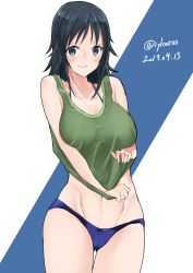 Rule 34 | 10s, 1girl, absurdres, aged up, blue eyes, blue hair, blue panties, blush, breasts, cowboy shot, dated, embarrassed, freckles, girls und panzer, green shirt, highres, irukatto, jewelry, large breasts, light frown, long hair, looking at viewer, necklace, no pants, ooarai military uniform, panties, shirt, shirt tug, solo, standing, tank top, thigh gap, twitter username, underwear, yamagou ayumi