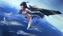 Rule 34 | 1girl, aircraft carrier, black hair, breasts, cleavage, cloud, elbow gloves, full body, gloves, j-20, long hair, medium breasts, military, military vehicle, ocean, original, personification, red eyes, ship, solo, thighhighs, wangchuan de quanyan, warship, watercraft
