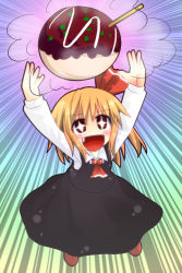 Rule 34 | + +, 1girl, :d, arms up, blonde hair, embodiment of scarlet devil, fang, female focus, food, hair ribbon, open mouth, outstretched arms, razy (skuroko), red eyes, ribbon, rumia, short hair, smile, solo, takoyaki, touhou