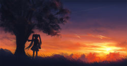 Rule 34 | dzc23, evening, from behind, hatsune miku, long hair, scenery, silhouette, sky, solo, standing, sunset, tree, twilight, twintails, very long hair, vocaloid
