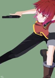 Rule 34 | 1girl, arc the lad, arc the lad iii, cheryl (arc the lad), closed mouth, gun, highres, pants, red eyes, red hair, roasted burnt c, shoes, short hair, signature, simple background, smile, solo, weapon, zipper pull tab