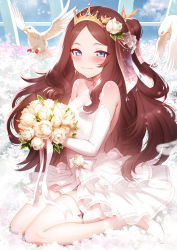 Rule 34 | 1girl, alternate costume, animal, bare shoulders, bird, blue eyes, blush, bouquet, breasts, bride, brown hair, child, cleavage, commentary request, crown, dress, earrings, elbow gloves, fate/grand order, fate (series), flower, gloves, highres, jewelry, leonardo da vinci (fate), leonardo da vinci (fate/grand order), leonardo da vinci (rider) (fate), long hair, looking at viewer, m-da s-tarou, parted bangs, side ponytail, sitting, small breasts, smile, solo, wariza, wedding dress, white dress, white footwear, white gloves