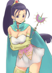 Rule 34 | 1girl, aiueonesan (umanaminoatama), blue cape, breasts, cape, choker, cleavage, dragon quest, dragon quest xi, dress, earrings, elbow gloves, gloves, hair strand, holding, holding wand, jewelry, large breasts, long hair, looking at viewer, matching hair/eyes, miniskirt, ponytail, purple eyes, purple hair, senica (dq11), senica (dragon quest xi), simple background, skirt, solo, thighhighs, wand, white background, white dress, yellow gloves, yellow thighhighs